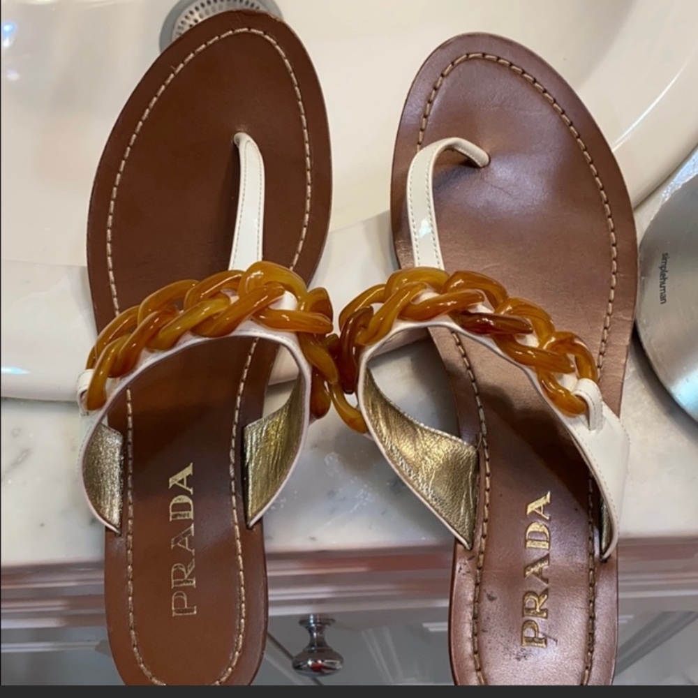 Prada authentic white sandals patent tortoise